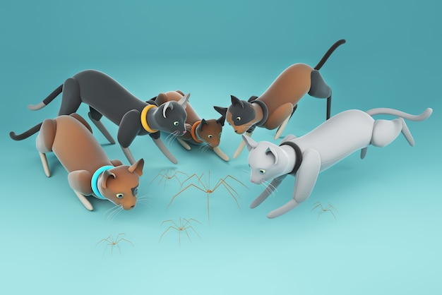 Ilustración 3d un grupo de gatos mirando arañas