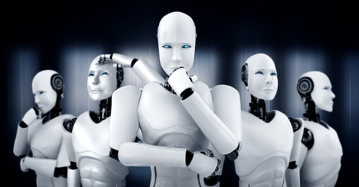 Foto ilustración 3d del grupo humanoide robot