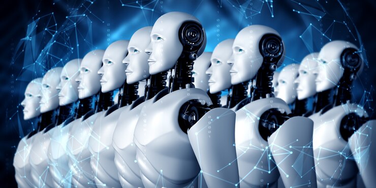 Foto ilustración 3d del grupo humanoide robot