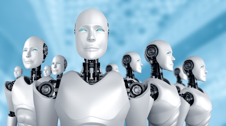 Foto ilustración 3d del grupo humanoide robot