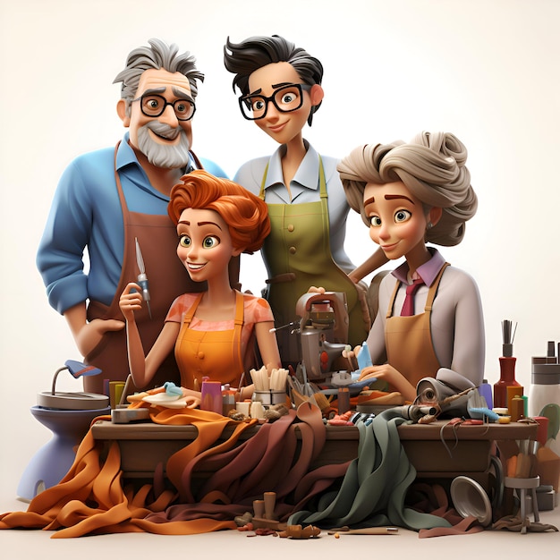 Ilustración 3D de un grupo de personas en un estudio de costura