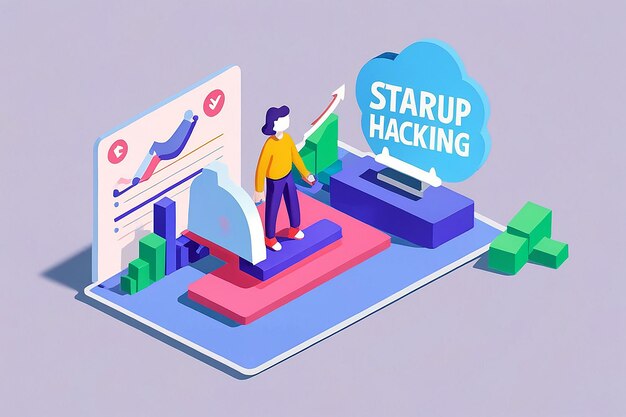 Ilustración en 3D del hacking de crecimiento de startups