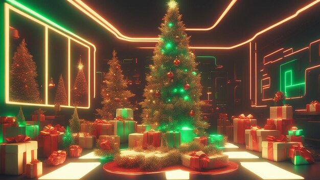 La ilustración 3D de la hermosa ciencia ficción de la Navidad Cyberpunk