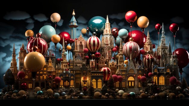 Foto ilustración 3d de una hermosa ciudad con un festival de globos de aire caliente en todas partes