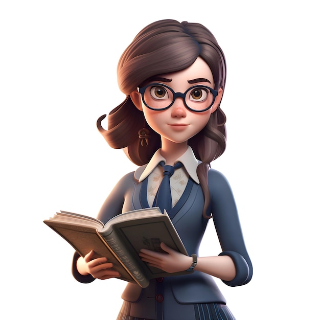 Ilustración 3D de una hermosa joven con gafas leyendo un libro