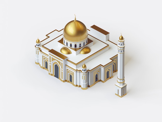 Foto ilustración 3d de la hermosa mezquita blanca y dorada, arquitectura de estilo isométrico