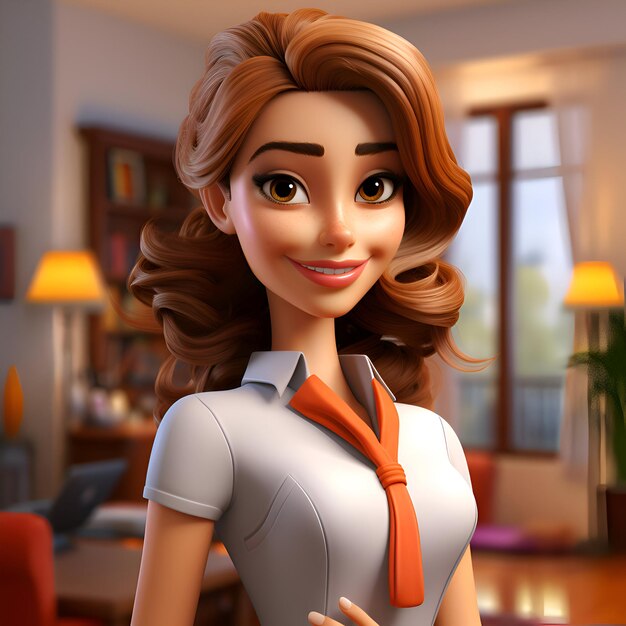 Ilustración en 3D de una hermosa mujer joven con cabello castaño largo y corbata naranja