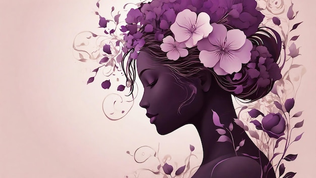Ilustración en 3D de una hermosa mujer joven con flores en el cabello