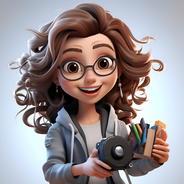 Ilustración 3D de una hermosa mujer joven sosteniendo una cámara y libros