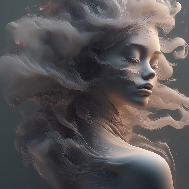 Ilustración 3d de una hermosa mujer con una nube blancaIlustración 3d de una hermosa mujer con una