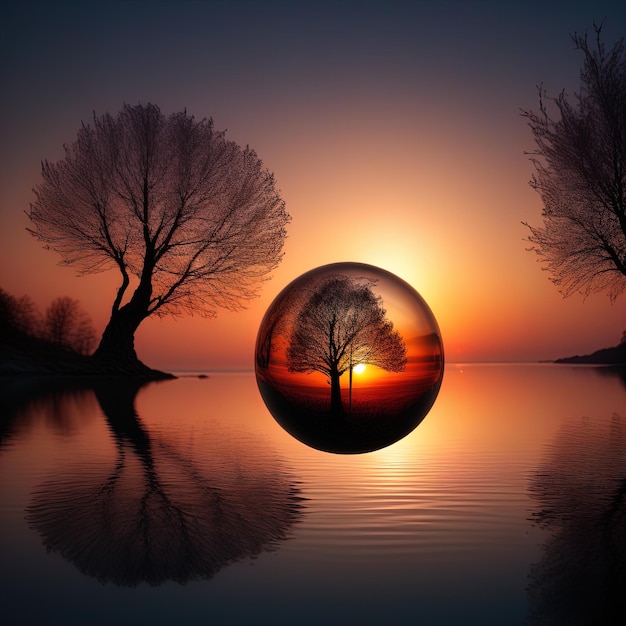 Ilustración 3D de una hermosa puesta de sol con una bola, reflejo de la luna y los árboles