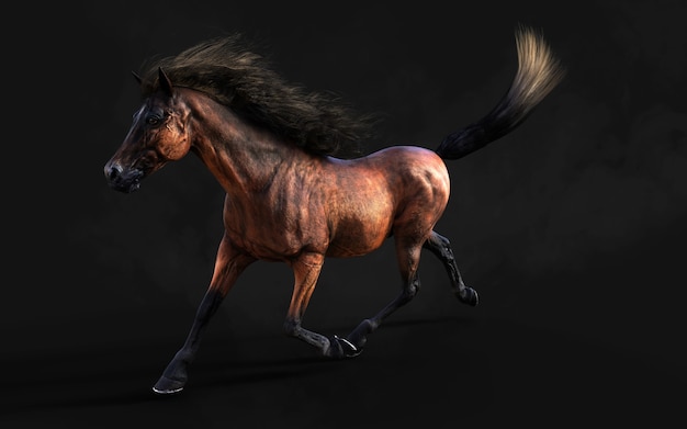 Ilustración 3d hermoso caballo marrón plantean melena larga aislar sobre fondo oscuro con trazado de recorte