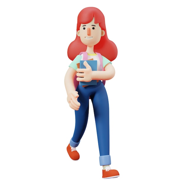 Ilustración 3D Hermoso personaje de dibujos animados de niña linda 3D sosteniendo un libro caminando con una bolsa mostrando