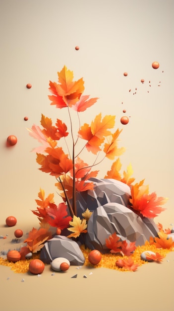 Ilustración 3D de hojas de otoño y piedras sobre un fondo beige