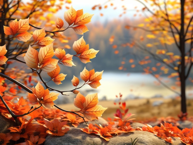 Ilustración en 3D de hojas de otoño en el suelo