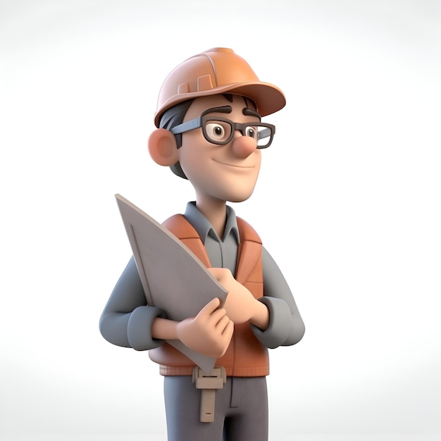 Ilustración 3D de un hombre con casco de seguridad y gafas sosteniendo un portapapeles