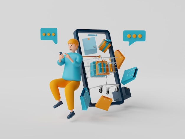 Ilustración 3d de un hombre comprando en línea a través de una aplicación en un teléfono inteligente con un artículo de compras