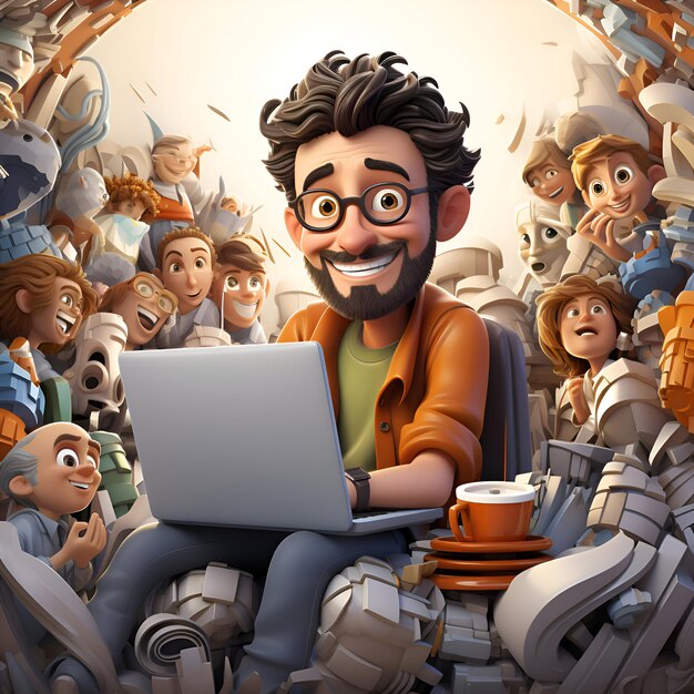 Ilustración 3D de un hombre de dibujos animados con una computadora portátil sentado frente a sus amigos
