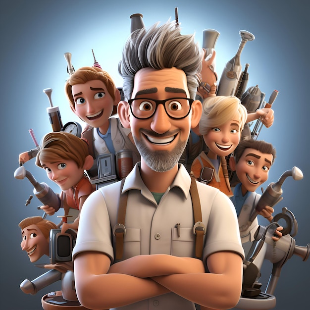 Ilustración en 3D de un hombre de dibujos animados con un grupo de personas en el fondo