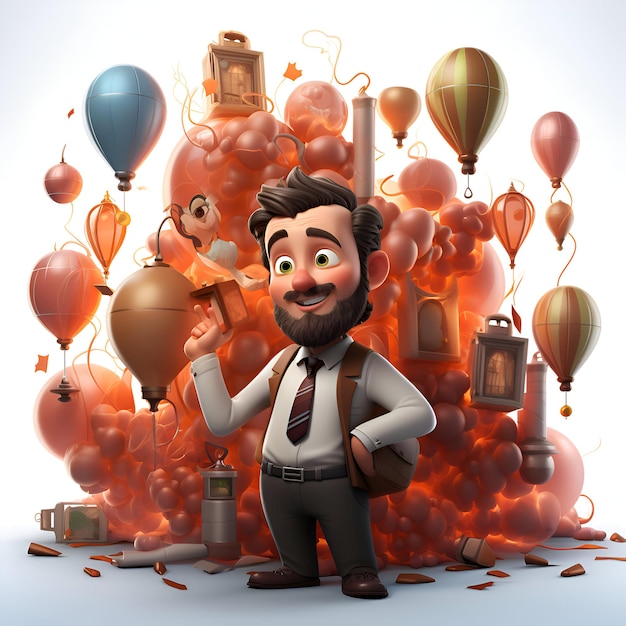 Ilustración 3D de un hombre de dibujos animados con una mochila de pie junto a globos