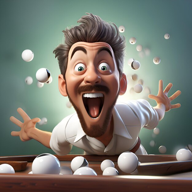 Ilustración 3D de un hombre feliz jugando al billar con bolas