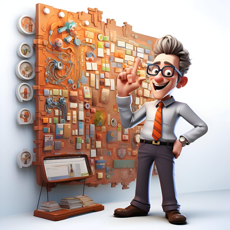 Foto ilustración 3d de un hombre frente a una pared con componentes electrónicos