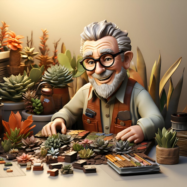 Ilustración 3D de un hombre mayor trabajando con plantas suculentas