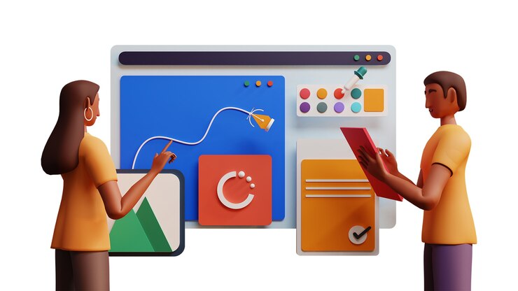 Foto ilustración 3d de hombre y mujer trabajando juntos en la industria web sobre fondo blanco.