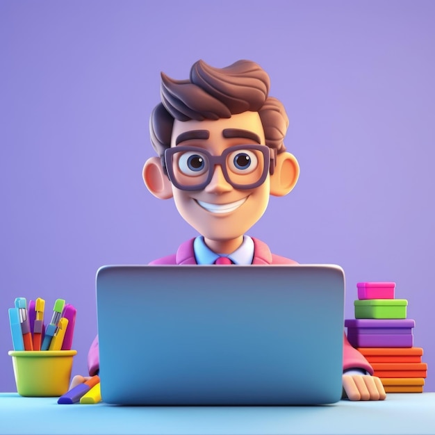 Ilustración en 3D de un hombre de negocios con una computadora portátil Un hombre de negocios que trabaja en la oficina Un personaje de dibujos animados en 3D