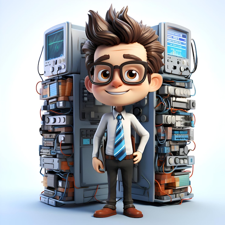 Foto ilustración 3d de un hombre de negocios de dibujos animados con un armario de alimentación