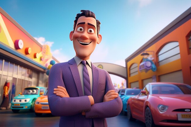 Foto ilustración 3d de un hombre de negocios de dibujos animados de pie frente a un estacionamiento