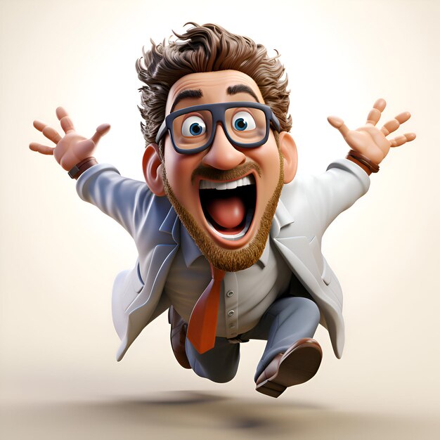 Foto ilustración 3d de un hombre de negocios feliz saltando con los brazos abiertos mirando a la cámara