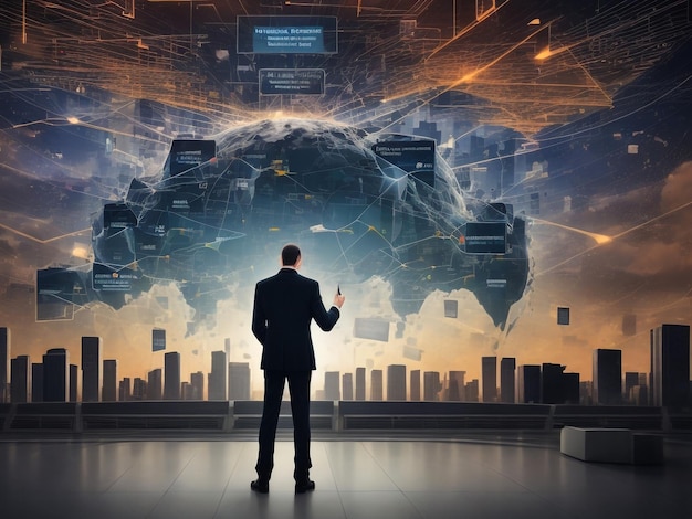 Ilustración 3D de un hombre de negocios mirando información holográfica mostrada sobre el concepto de ciudad inteligente del horizonte