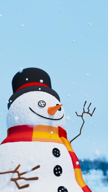 Ilustración en 3D del hombre de nieve con bufanda y sombrero al aire libre tema de Navidad y diversión