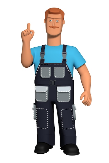 Ilustración 3d Hombre Un personaje con uniforme de trabajo con bigote rojo atrae la atención Levantó el dedo índice