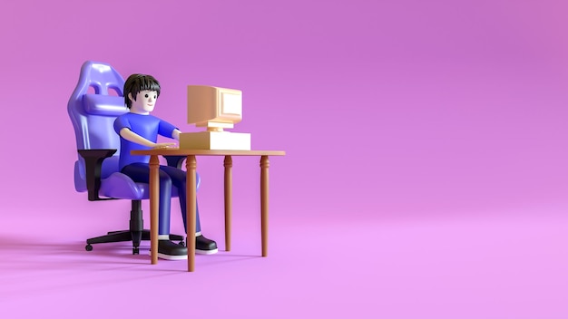 Ilustración 3d de un hombre que trabaja frente a una computadora vieja