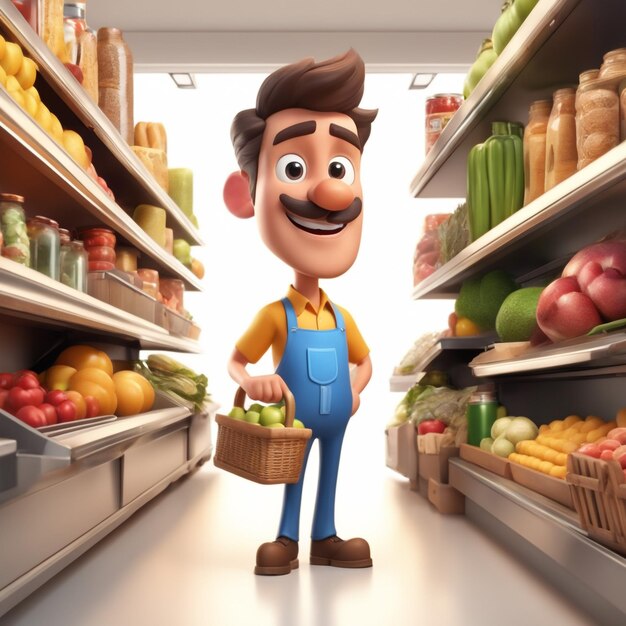 Foto ilustración 3d del hombre tendero aislado en el concepto de compras de fondo del mercado