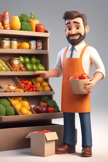 Foto ilustración 3d del hombre tendero aislado en el concepto de compras de fondo del mercado