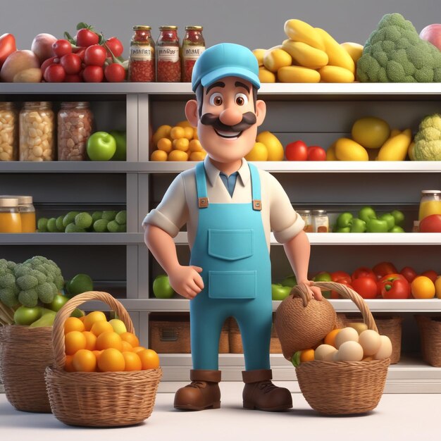 Foto ilustración 3d del hombre tendero aislado en el concepto de compras de fondo del mercado