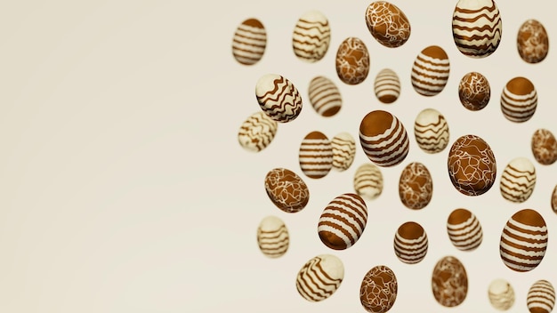 Ilustración 3d de huevos de chocolate oscuros y blancos que caen
