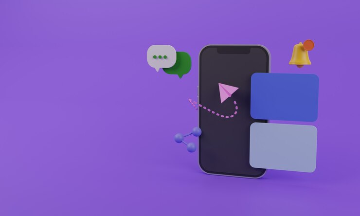 Foto ilustración 3d icono de mensaje y notificación de redes sociales de teléfonos inteligentes sobre fondo púrpura representación 3d