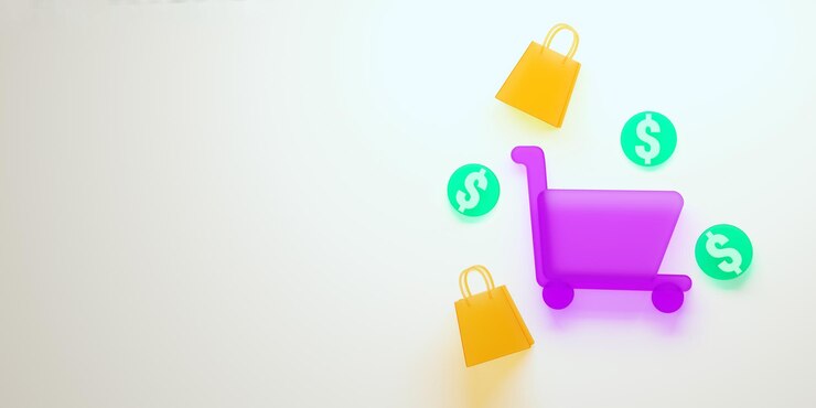 Foto ilustración 3d de iconos de compras, vidrio, colorido, fondo, para banner con texto