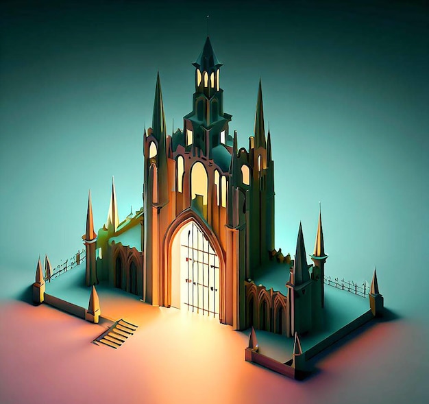 Ilustración 3d de una iglesia con una puerta en el medio