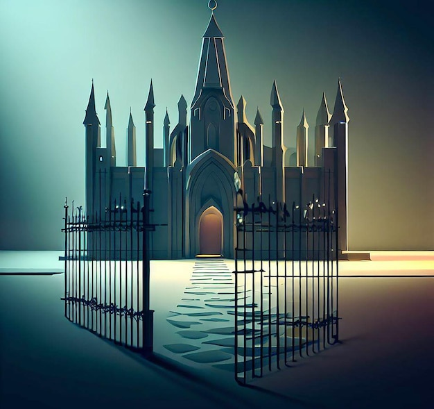 Foto ilustración 3d de una iglesia con una puerta en el medio