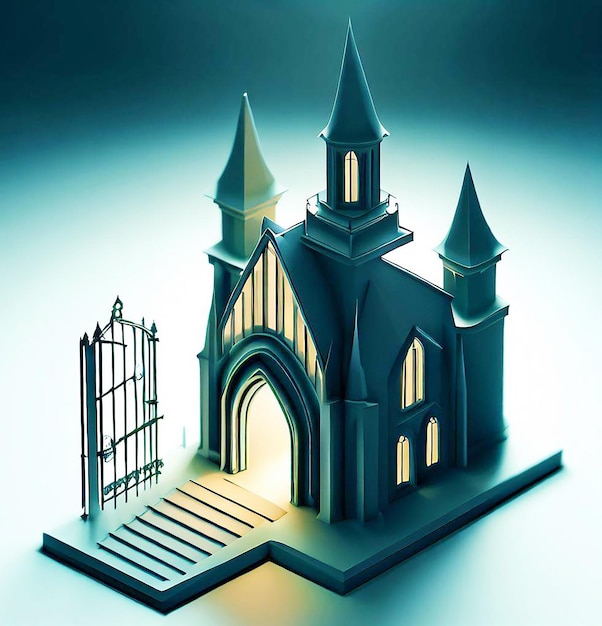 Foto ilustración 3d de una iglesia con una puerta en el medio