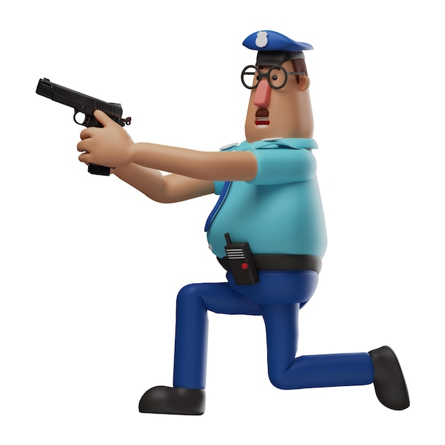 Foto ilustración 3d ilustración de dibujos animados en 3d del personaje de un oficial de policía que apunta un arma con un disparo