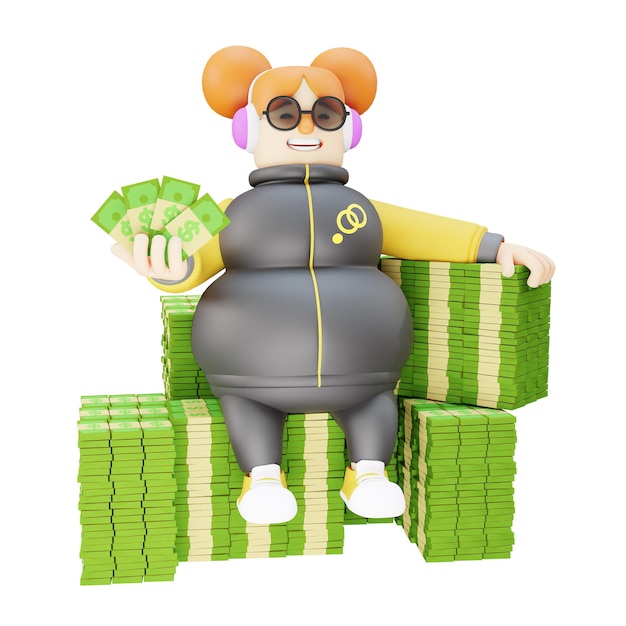 Ilustración 3D Ilustración de dibujos animados de una chica linda exitosa personaje 3D mostrando su dinero