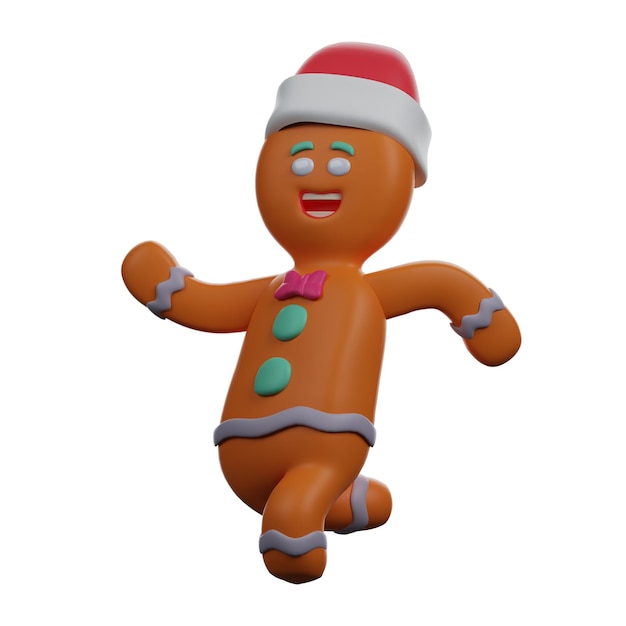 Ilustración en 3D Ilustración de dibujos animados de un personaje de pan de jengibre en 3D con un lindo sombrero de Navidad
