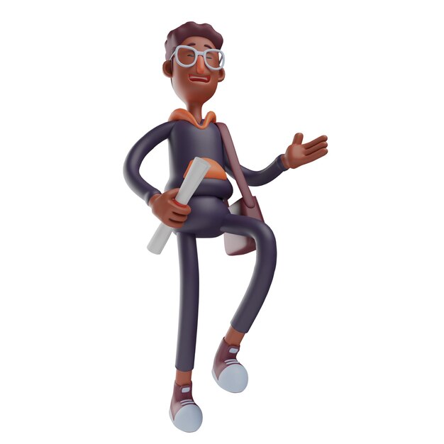 Ilustración en 3D Ilustración de dibujos animados de personajes estudiantiles en 3D en poses divertidas llevando papel