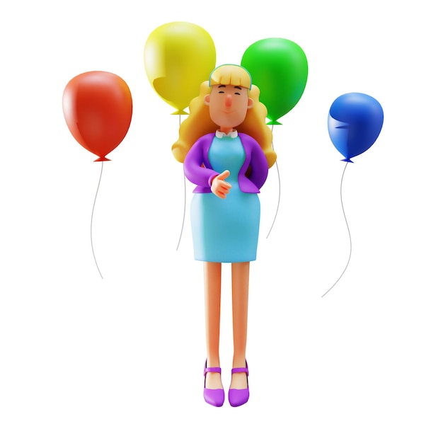 Ilustración 3D Imagen 3D del personaje de la mujer de negocios de pie contra el fondo de globos de colores